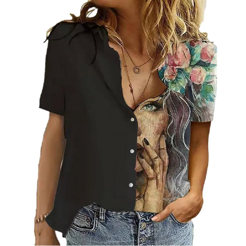 

Women Blouses New Summer Short Sleeve Turn Down Collar Casual Office Shirt Lady Tops Blusas Femininas White Black