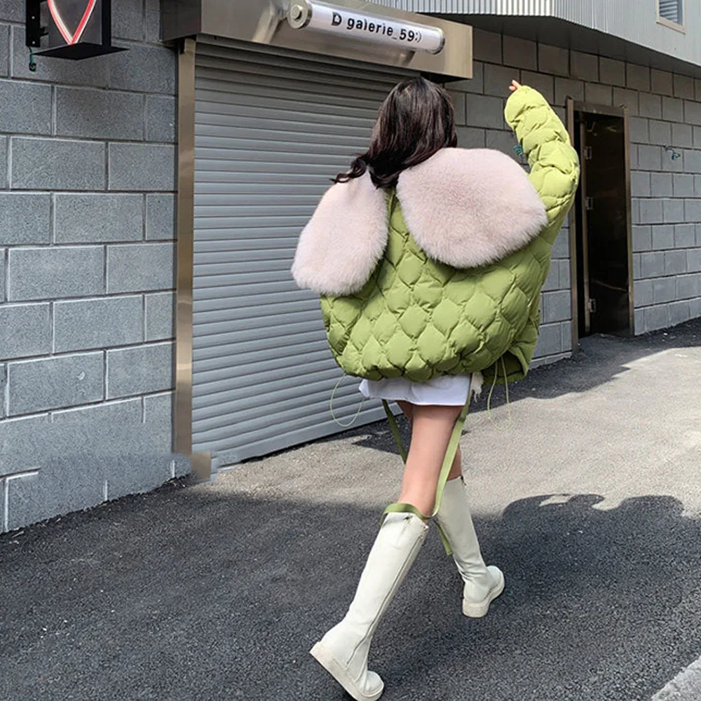 Winter Parka Short Cotton Jackets Women 2023 New Casual Chic Fresh Green Coat Lady Korean Overcoat Big Fur Collar Hooded Jackets