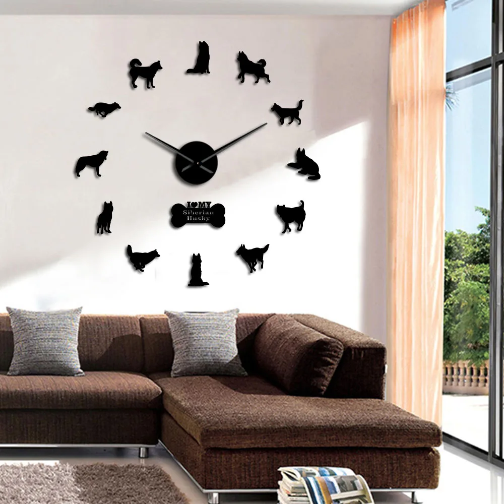 Siberian Husky Russian Dog Breed DIY Large Wall Clock Sibirskiy Haski Self Adhesive Sticker DIY Giant Wall Art Home Decor Watch