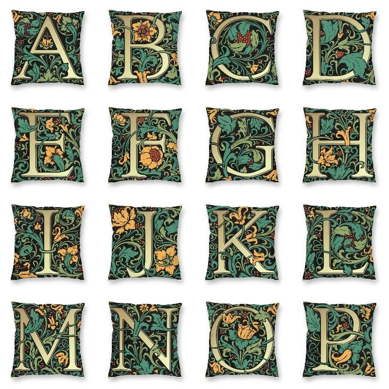 

Illuminated William Morris Floral Style Letter Square Pillowcover Home Decorative Alphabet Cushions Throw Pillow Case for Sofa