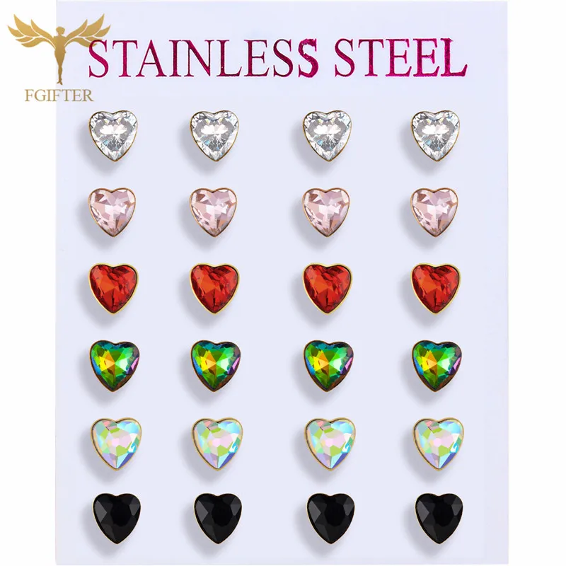 

6 Colors Zircon Heart Earrings Woman Golden Stainless Steel Jewelry Wholesale Ear Stud Piercing Accessories 12 Pairs Lot Resale