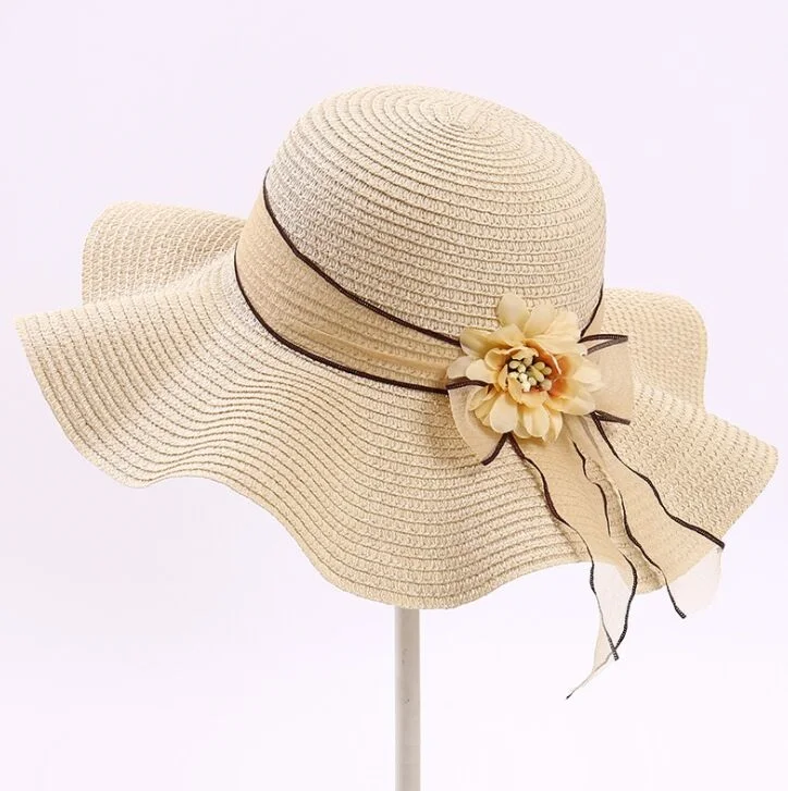 

DONGYUN008 Hot Girl Lady Casaul Flower ribbon straw hat Summer Holiday women beach sun hat Wide large brim Panama