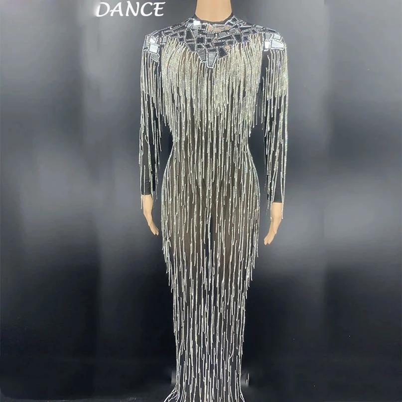 

Sexy Nightclub Silver Mirror Rhinestone Fringe Mesh Long Dress Birthday Celebrate Transparent Dress Women Dancer Show Dress