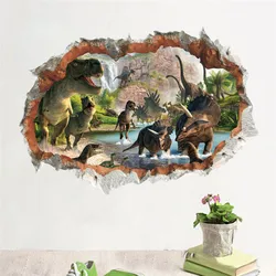 Vivid Dinosaurs 3d Broken Hole Wall Stickers For Kids Room Home Decoration Creative Animals Mural Art Diy Boy's Decal Poster