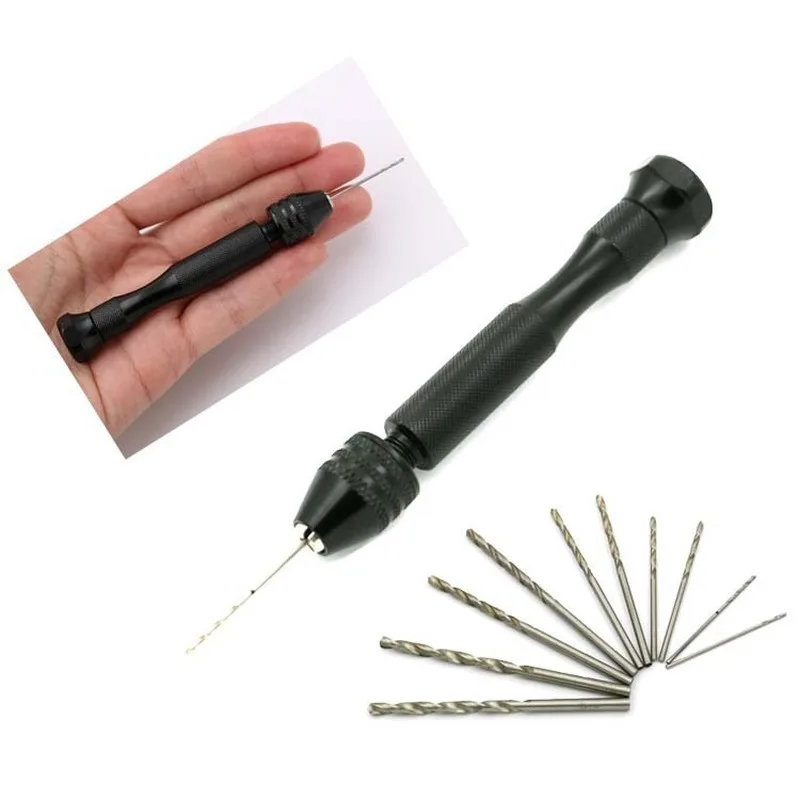 Quality Mini Micro Aluminum Hand Drill With Keyless Chuck +10/20PC High Speed Steel Twist Drills Rotary Tools Wood Drilling