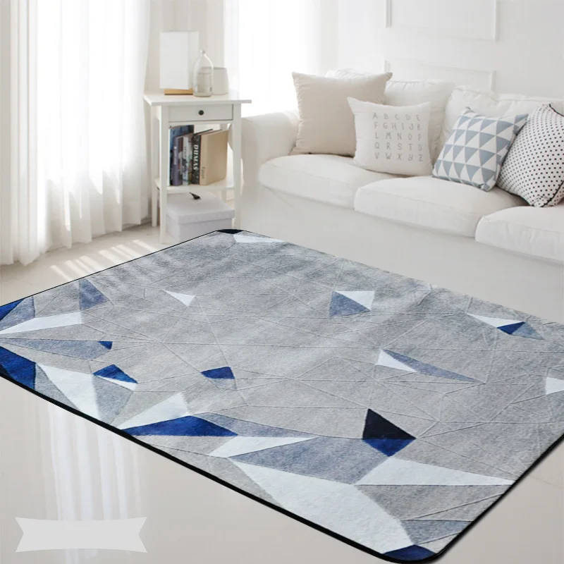 High-Quality Geometric Nordic blue-grey printed rectangular carpet living room bedroom with non-slip child cushion fur carpet