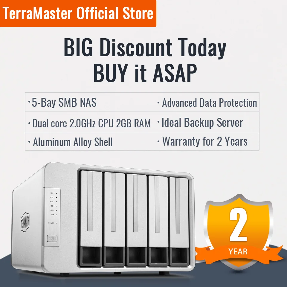 TerraMaster F5-221 NAS 5-Bay Cloud Storage Intel Dual Core 2.0GHz Plex Media Server Network Storage (Diskless)