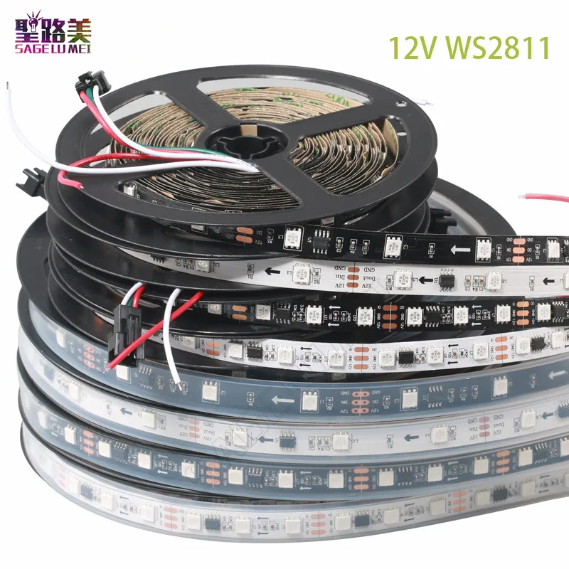 Fita de luz led RGB, 5m, 12v, 5m, ws2811, colorida, 5050, flexível, endereçável, digital, 1 controle ic 3