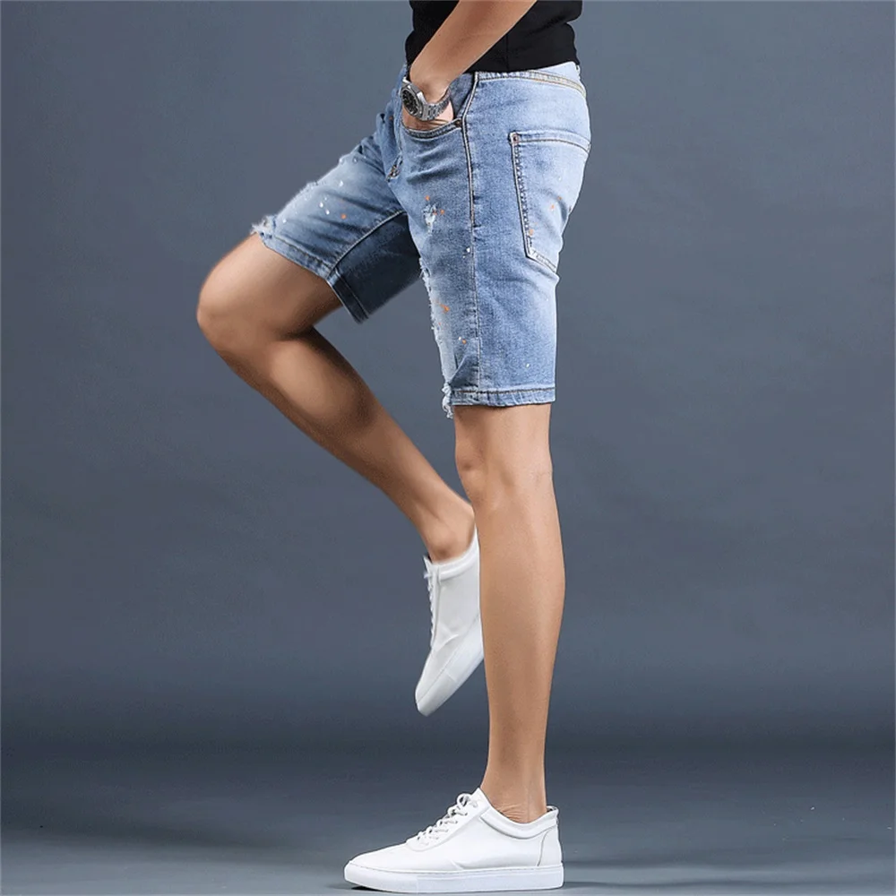 EH·MD®Scratch Denim Shorts Men's Hole Five-Point Pants Pure Cotton Slim Retro Spray Paint White 2020 New Breathable Soft Stretch