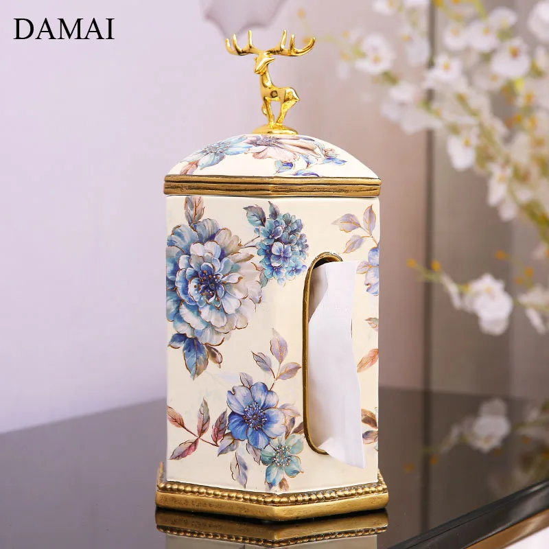 

Golden Elk Tissue Boxes Painted Fawn Napkin Holder Resin Flowers Decorative Deer Paper Storage Box Home Decoration Modern