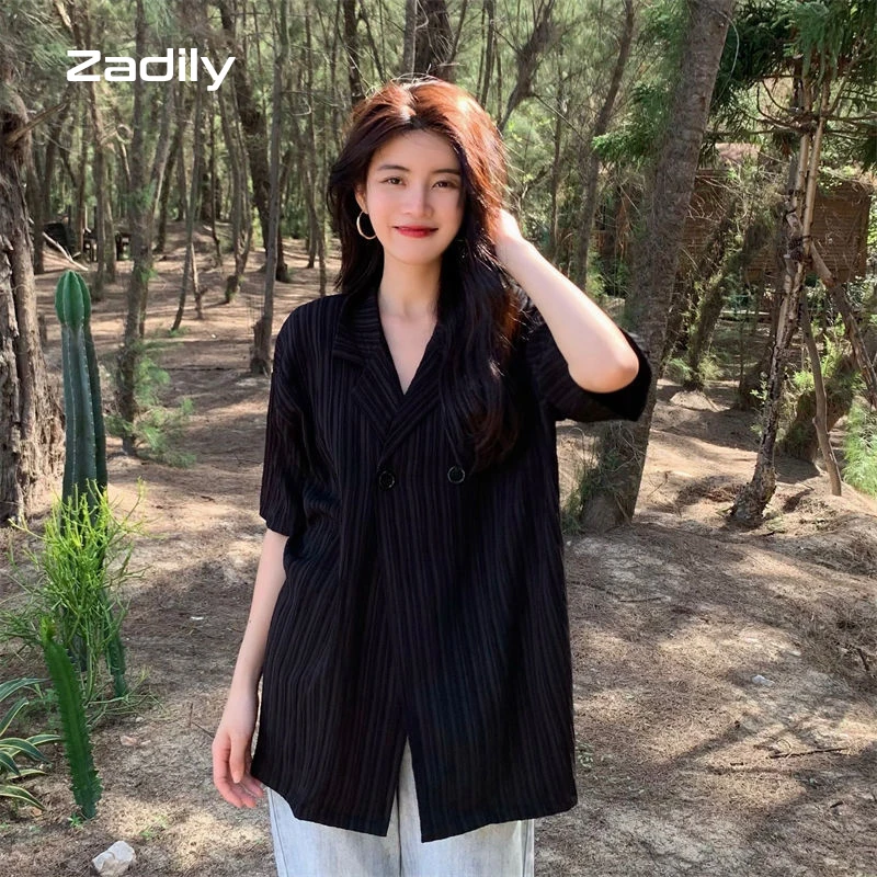 2022 Summer Short Sleeve Button Chiffon Women Shirt Korean style Stripe Loose Ladies Blouse Beach Vacation Female Clothes Tops