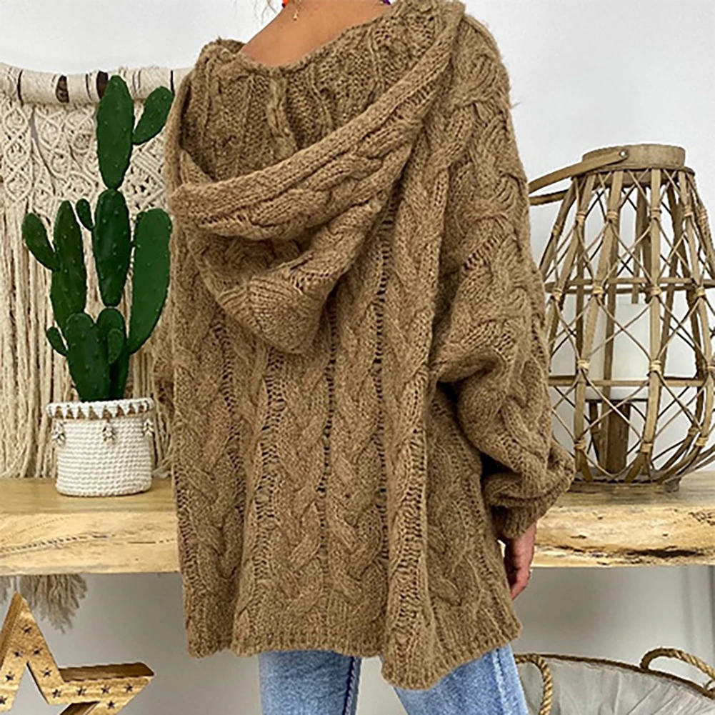 Women Autumn Solid Color Long Sleeve Braided Hooded Pullover Knitted Sweater Braided Design with Hood Loose Style Casual Sweater