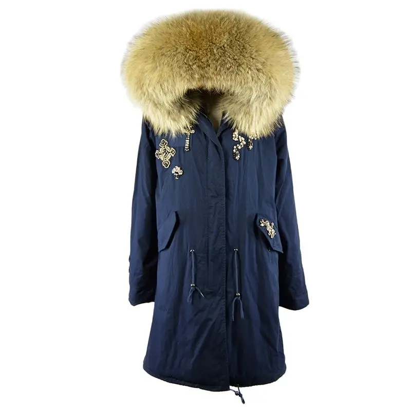 Thick Warm Navy Long Style Parka With Real Fur Lining Winter Men&Women Rex Rabbit Fur Garment