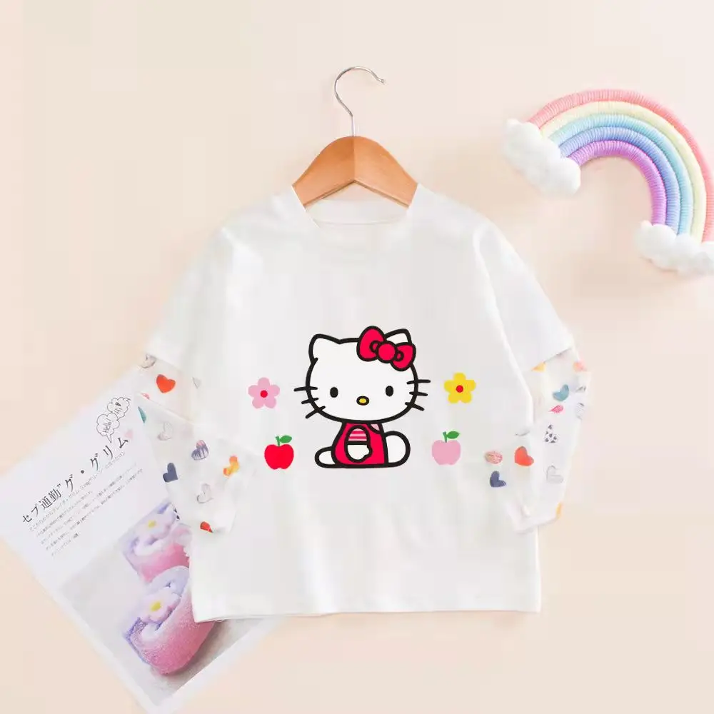 Hello Kitty Girls Summer Long-sleeve T-shirt Baby Foreign Style Fake Two-piece Children  Sunscreen Tops Children's Clothing