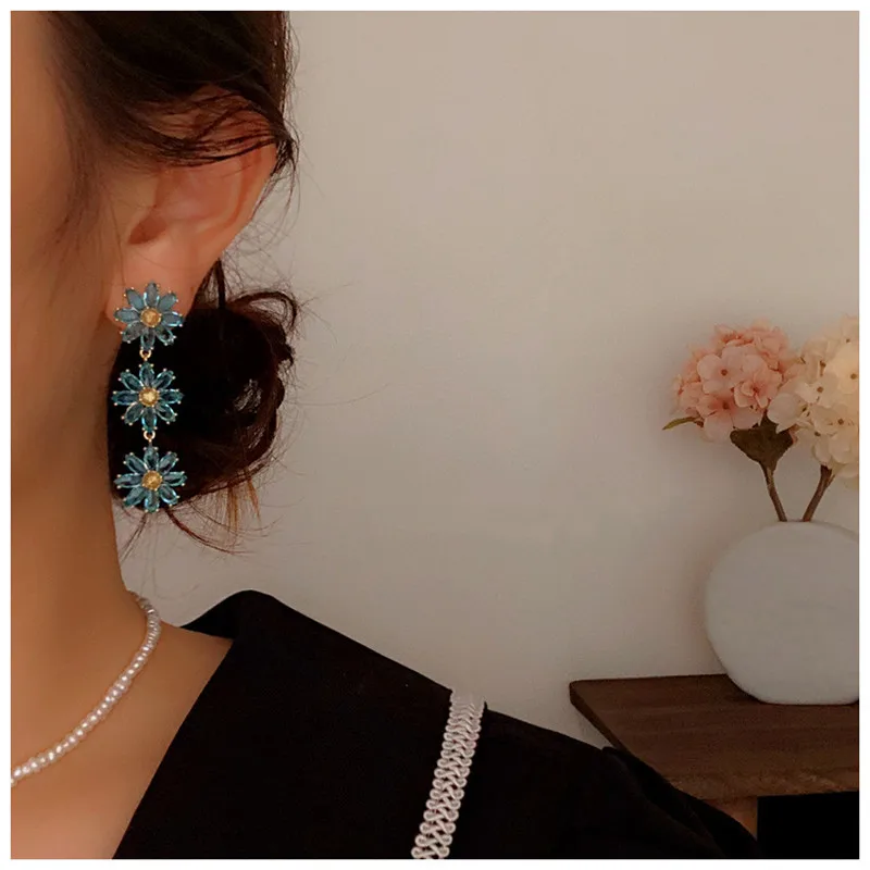 Drop Earrings For Women Solid S925 Sunflower Cubic Zirconia Lake Blue Summer Fresh Vintage Brincos Sweet Fine Jewelry