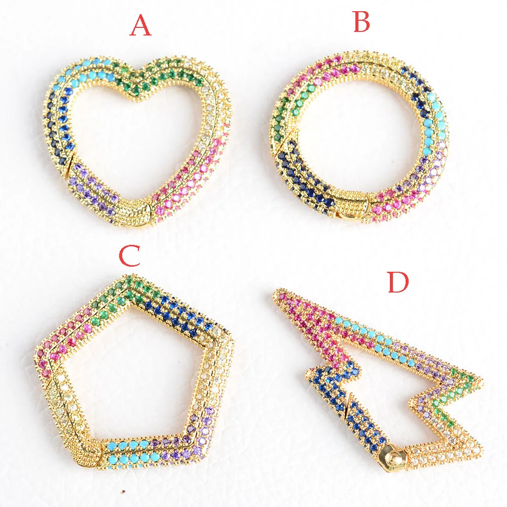 3PCS, Rainbow CZ Micro Pave Round / Heart / Round / Lightning /diamond Shape Clasp, Gold Color Carabiner Clasp