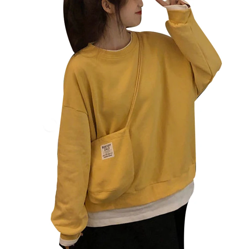 

Spring Autumn Style Women's Cotton Sweater O-Neck Long Sleeve Patchwork Fake Two Pieces Casual Loose Sweatshirts AA4112