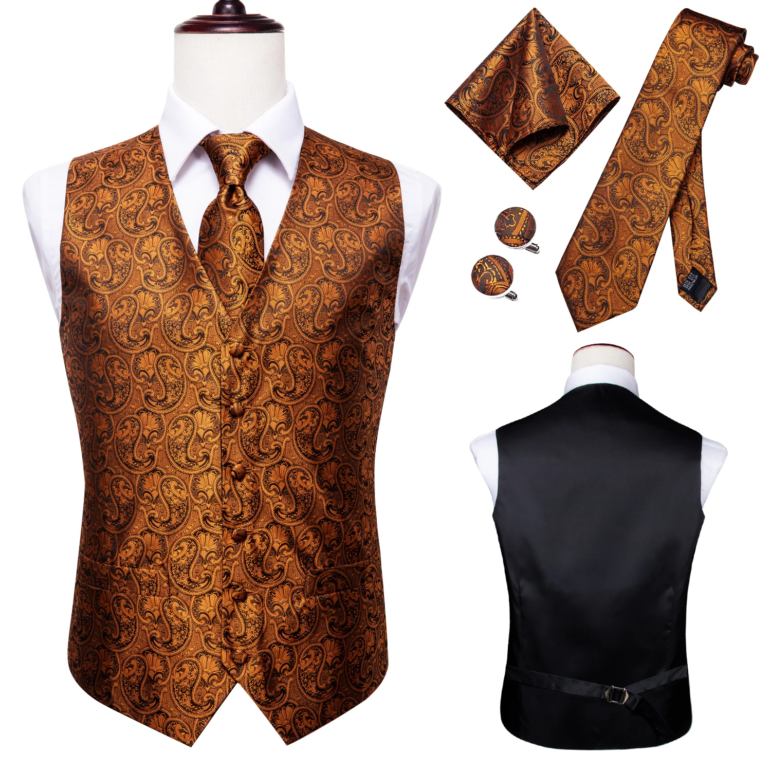 Hi-Tie 100% Silk Men\'s Waistcoat for Men Suit Vintage Fashion Formal Brown Paisley Dress Vests Men Wedding Party formal Dresses