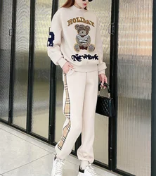 Sports Fashion Women Tracksuit O-neck Cartoon Sweater + Elastic Waist Splicing Trousers Two-piece Set Female Suit Autumn Winter