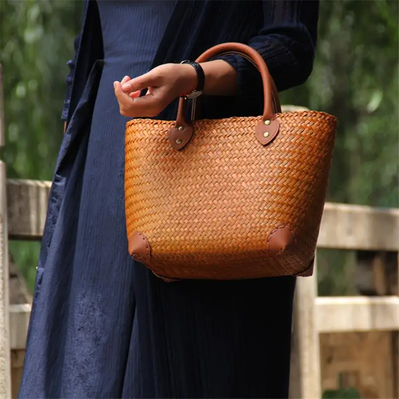 Imagem -03 - Bolsa de Palha de Rattan Feminina 29x21cm Mini Bolsa Retrô de Palha de Rattan Férias Bolsa Original A6104