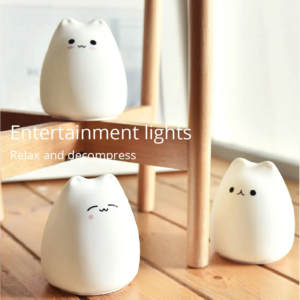 Lampe de chevet en Silicone, chat mignon, avec capteur tactile, alimenté par batterie, 7 couleurs, décoration de Table changeante, cadeau pour