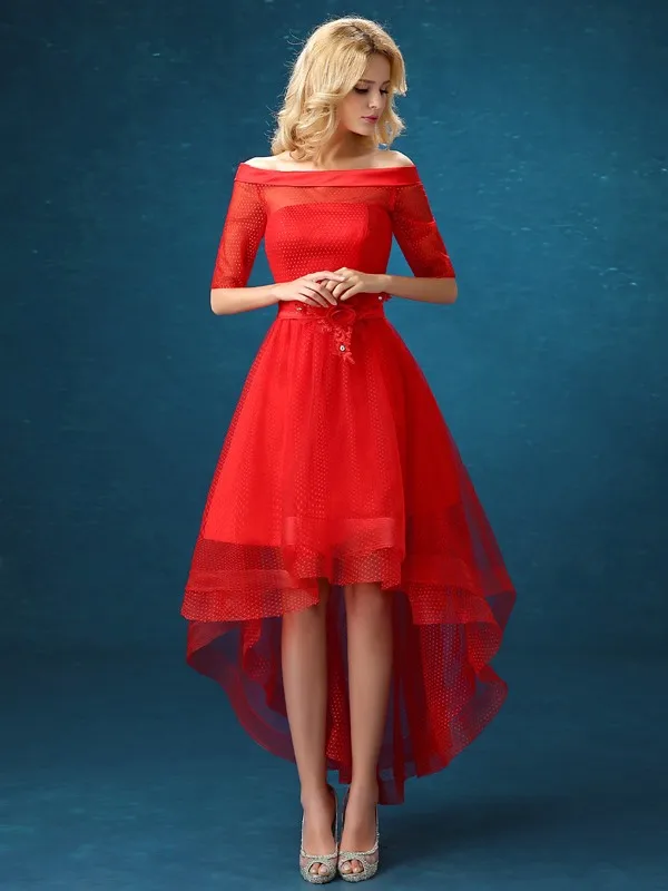 Customized 2025 Charming Red Cocktail Dress New Robes De Soriee Half Sleeves Flowers High Low Prom Party Gowns Cusromized