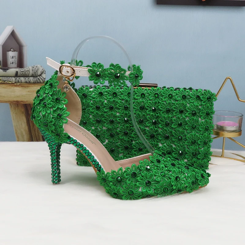 Green Lace Flower Wedding Shoe And Bag Set Pearl Heels Pointed Toe Ankle Strap Ladies Party shoe with matching bag Lace-up