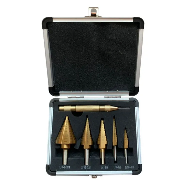 

6 metric cobalt step drill set perforated aluminum housing with center punch