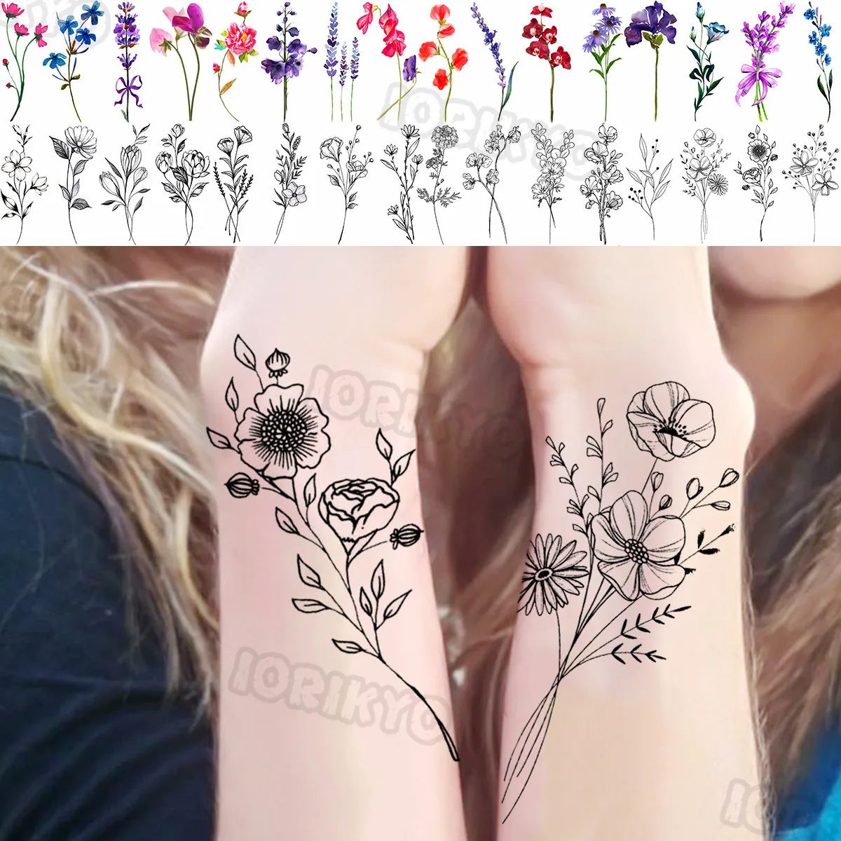 Black Dahlia Temporary Tattoos For Women Girls Adults Realistic Watercolor Lavender Lily Fake Tattoo Sticker Arm Body Tatoos