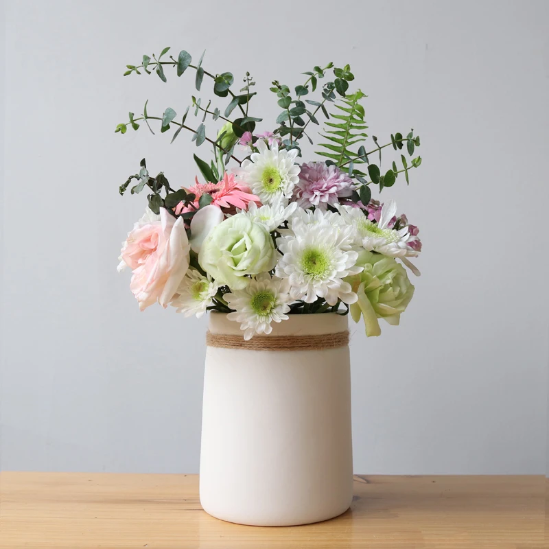 Modern Minimalist Flower Vase White Ceramic Matte Vase with Hemp Rope for Dried Flower Centerpiece Crafts Home Table Decoration