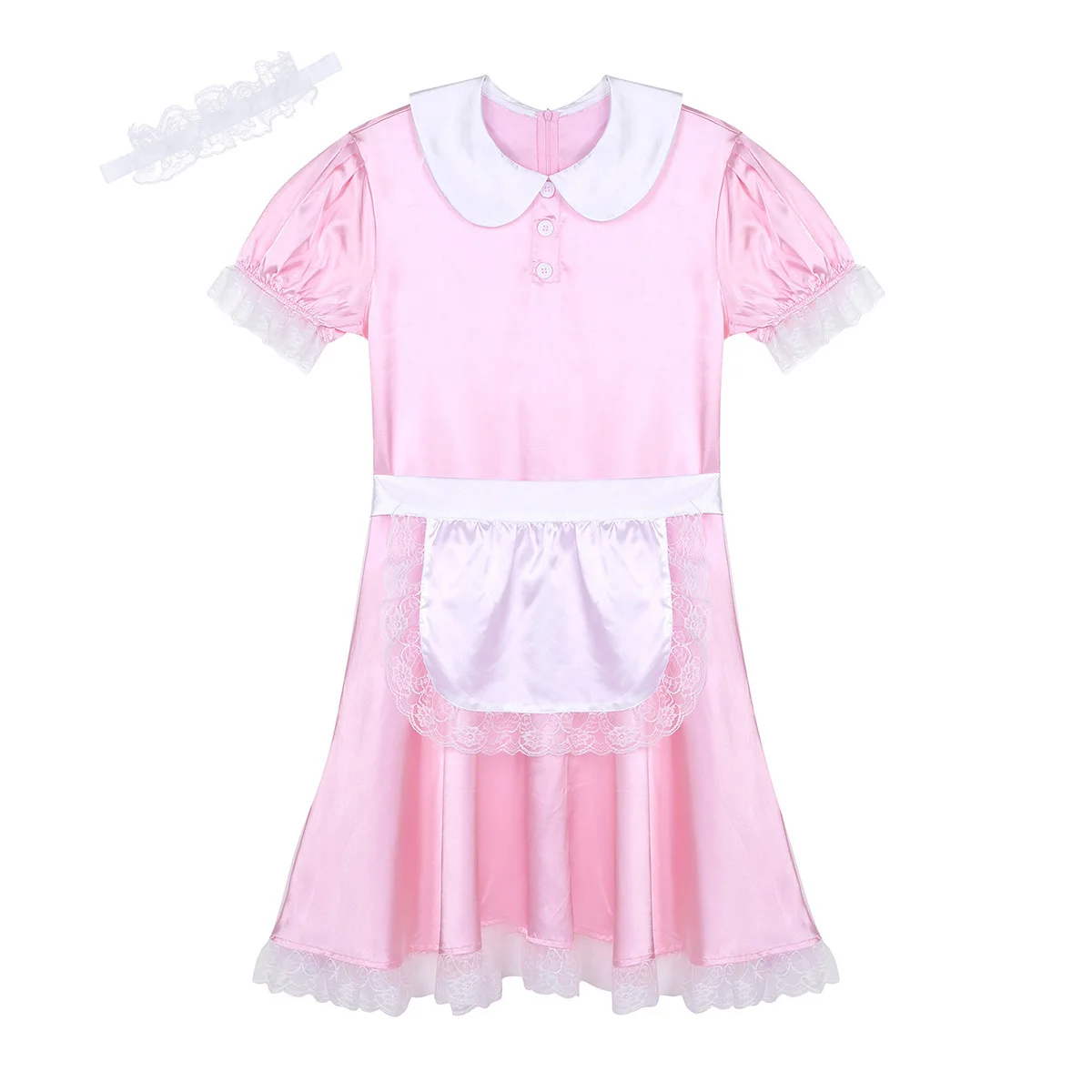 3Pcs Mens Sissy Girl Maid Dress Uniform Costume Doll Neck Short Sleeve Satin Dress with Headband and Apron for Cosplay Role Play