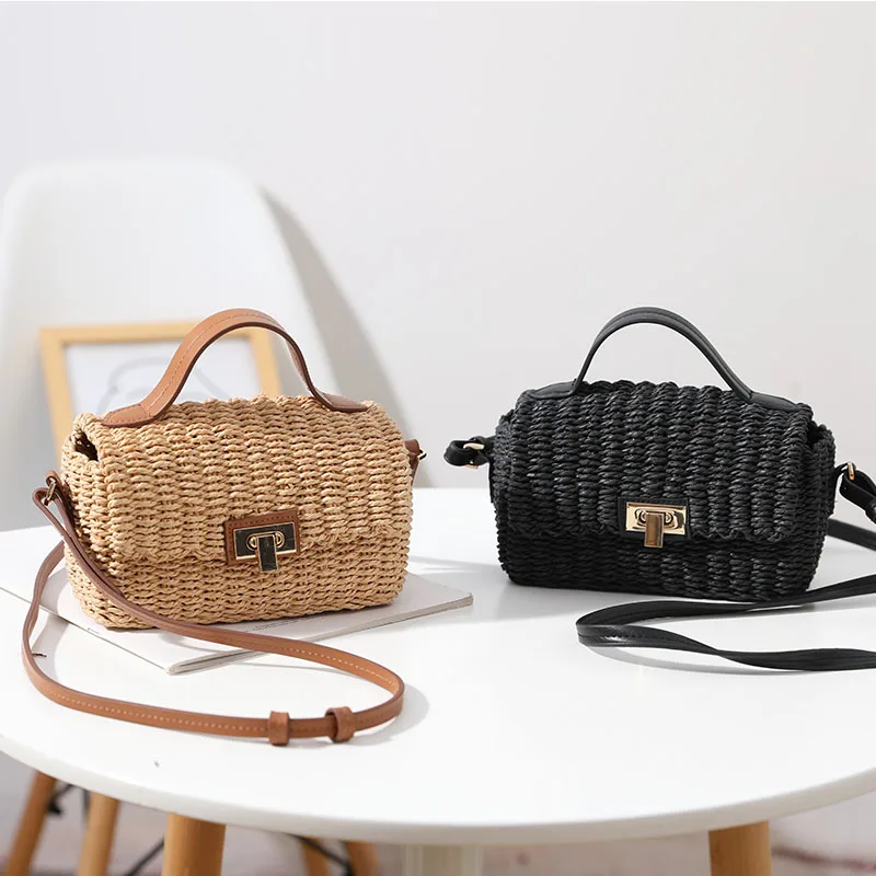 แฟชั่นกล่องฟางผู้หญิงออกแบบกระเป๋าถือยี่ห้อหวายไหล่ Crossbody Handmade ทอฤดูร้อนกระเป๋าชายหาดกระเป๋าเดินทาง2021