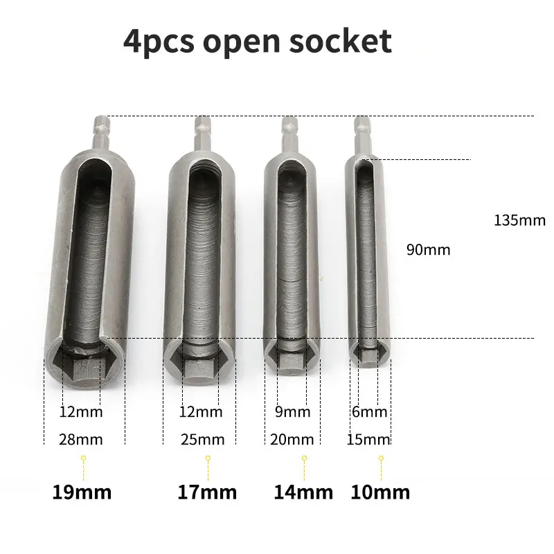 4Pcs Open End Deep Nut Sockets Set Bolt Bit Socket Adapter 6.35mm Shank 10 14 17 19*135mm for Lighting Ceiling Installation