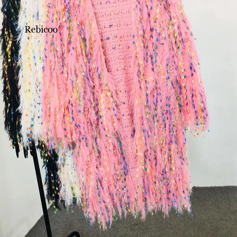 Lambs Sequins Tassels Knitted Sweater Long Jacket Hook Flowers Cardigan Handmade Mixed Color Fringed Velvet Fluffy Coat Outwear