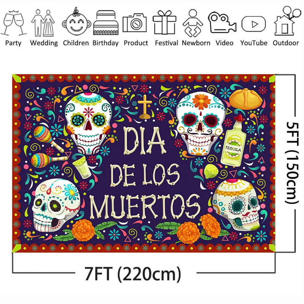 Dia de Los Muertos Photo Backdrop Floral Sugar Skull Mexico Fiesta Party Background Decoration Day of the Dead Photocall Props