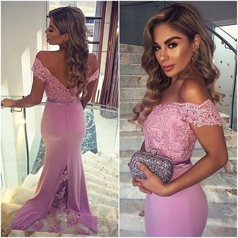 

Stunning Pink Evening Dresses Off The Shoulder Mermaid Evening Party Gowns Backless Lace Sleeveless Evening Gowns for Women