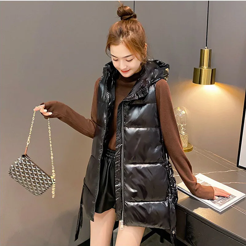 

Top Quality Winter Long Vest Women Glossy Slim Bright Solid Zipper Hooded Waistcoat Vest Autumn Sleeveless Cotton Padded Parka