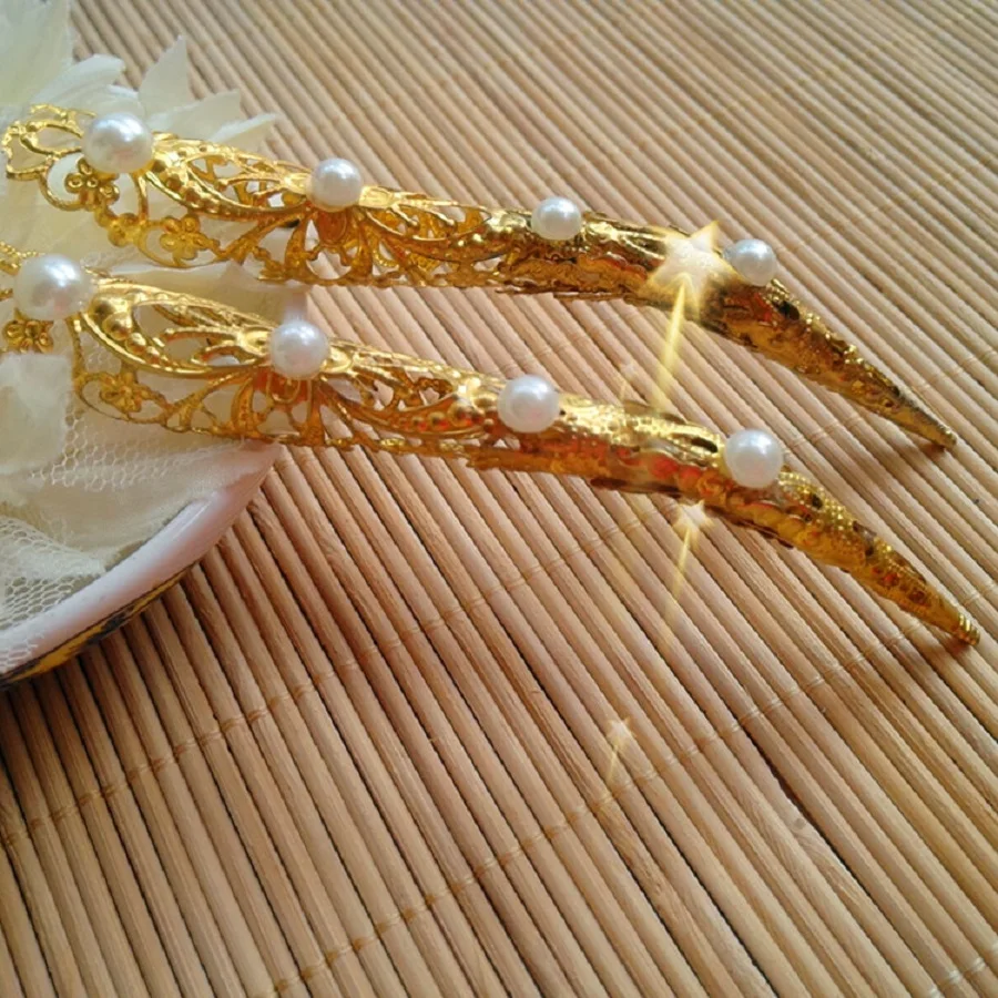 Chinese Golden Long Nails 11CM Decor White Beads Jewelry Retro Ancient India Dancing