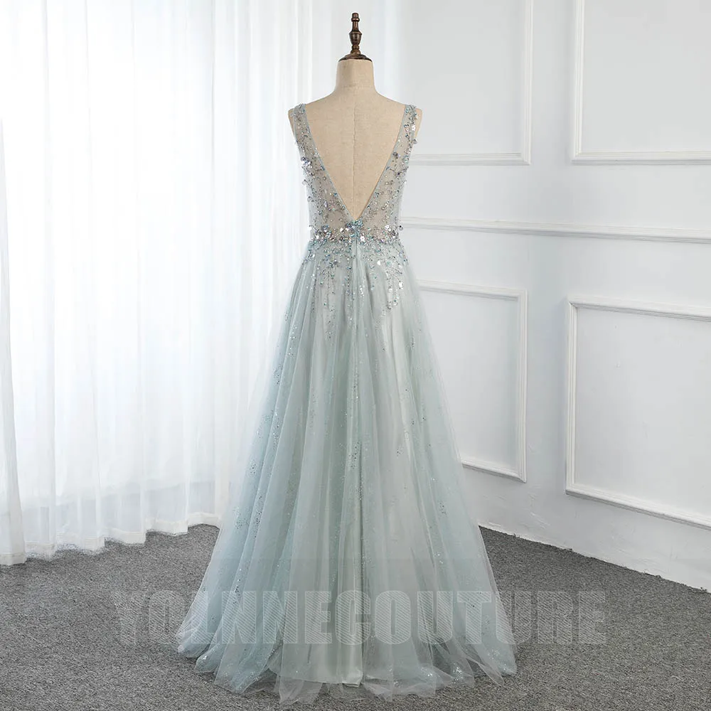 YQLNNE New Arrival Sexy Mint Long Prom Dresses V Neck Tulle Sequined Beaded Backless Formal Party Gowns