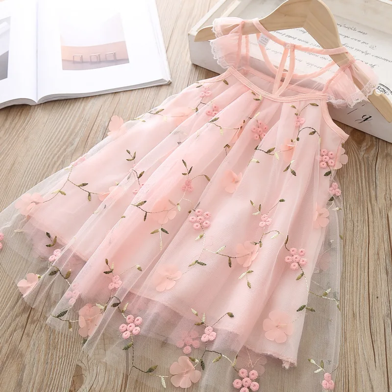 Girls Dresses Girls 2022 Summer Embroidered Floral Mesh Princess Dress Birthday Party Dress Kids Dresses for Girls