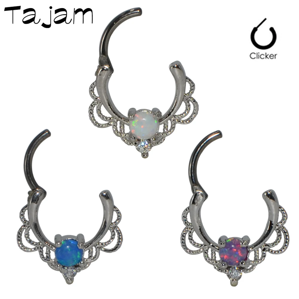 1Piece Titanium Shaft Hinged Nose Piercing Ring Stud Tribal Opal Crystal Septum Clicker Earring Charming Daith Rook Body Jewelry