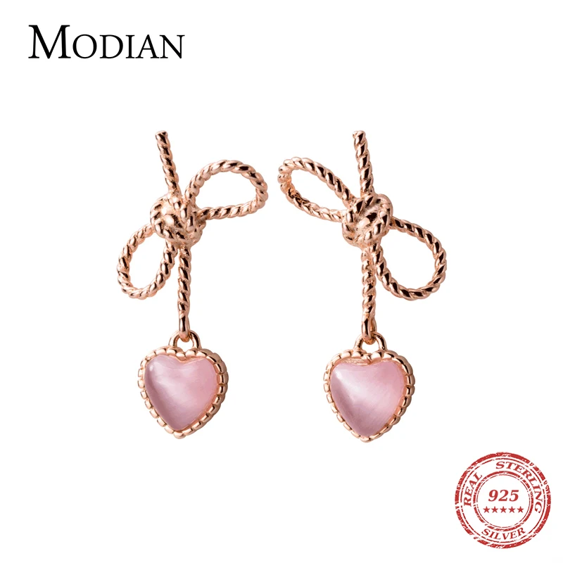 Modian Vintage Pattern Swing Pink Hearts Stud Earrings Classic Fashion 100% 925 Sterling Silver Bowknot Jewelry For Women Gift