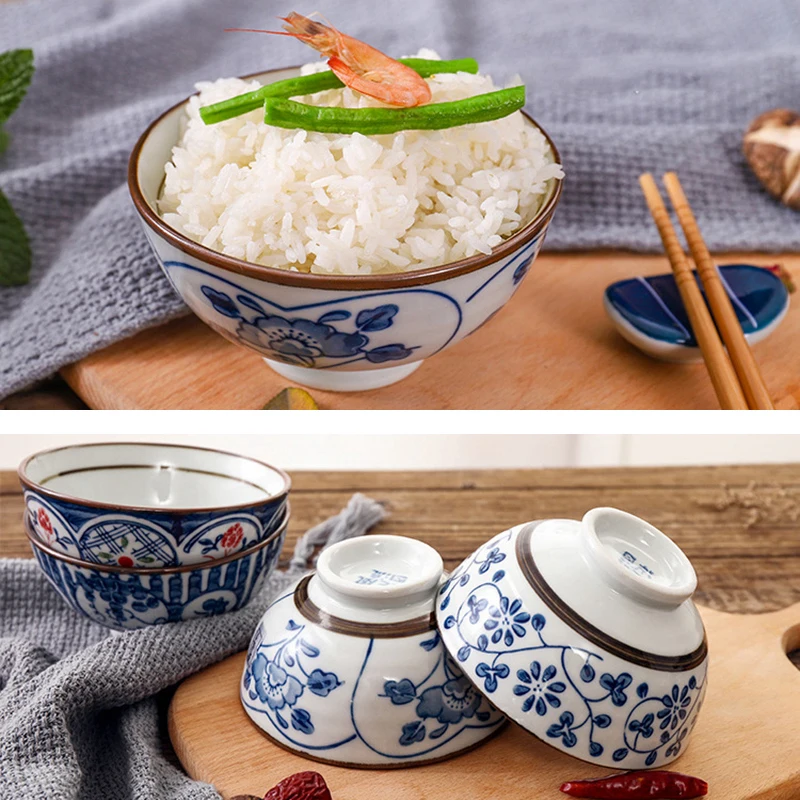 Set of 5pcs Ceramic Bowl Japanese Rice Bowl Blue Porcelain Oatmeal Bowl Dinnerware Set 4.5 inch