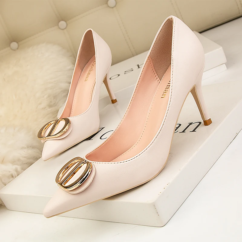 European and American style fashion occupation OL women's Pumps fine high heel Leather shallow mouth pointed back single shoes