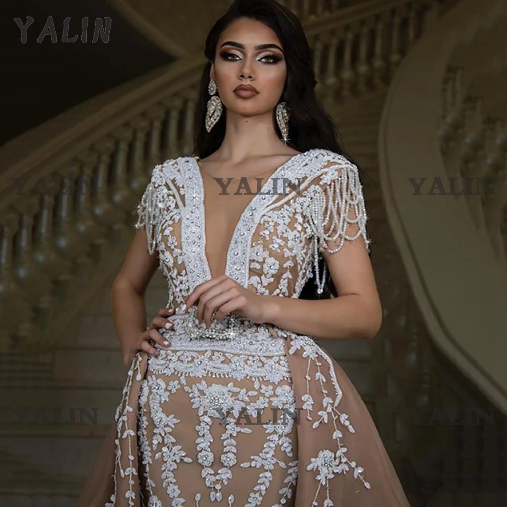 YALIN-Vestidos de Noche largos de sirena color champán, con apliques de cuentas, cuello en V profundo, para ocasiones especiales de graduación árabe