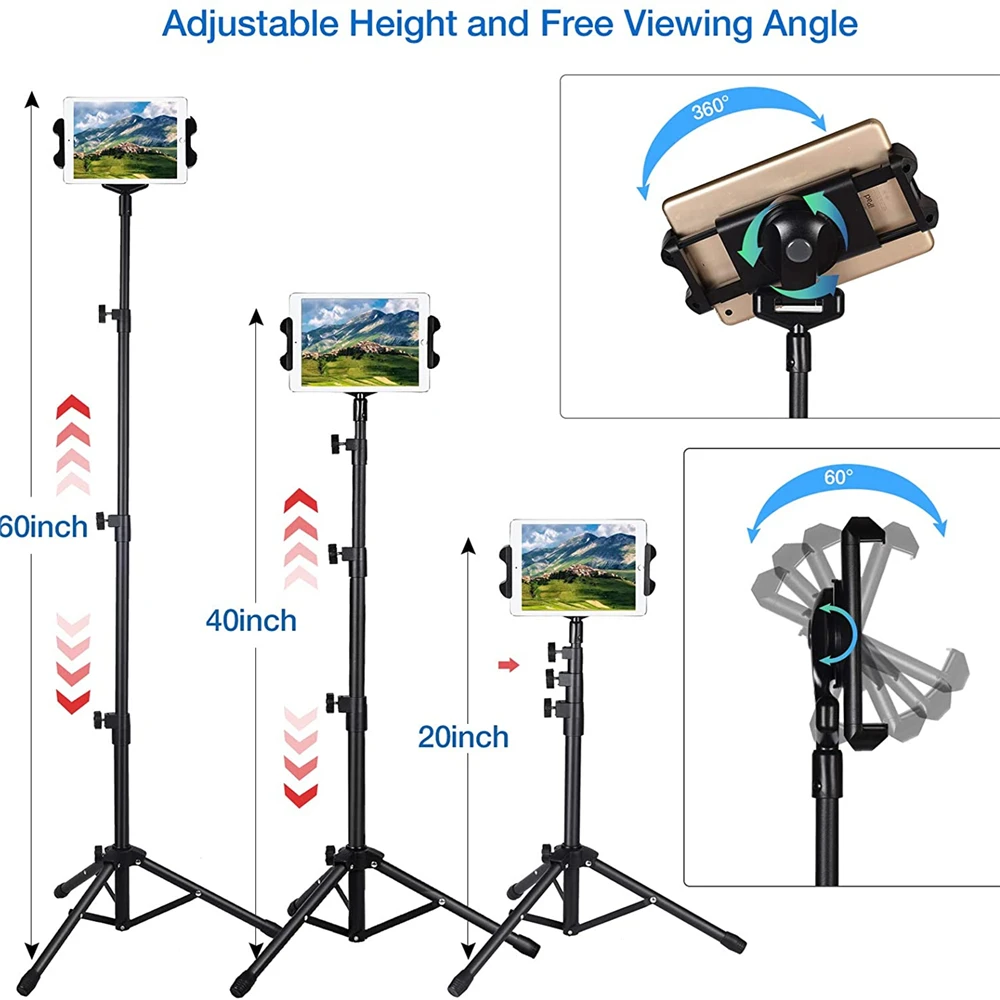 

Tripod Stand Upgrade Style Portable Floor Tablet Holder Mount Height Adjustable 20" To 60" For All 4.7-12.9" Phone And Tablets