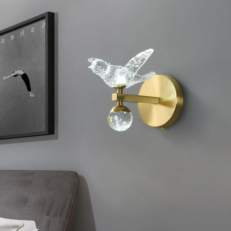 

Decorate Bedroom Living Room Dining Room Modern Copper Acrylic Bird Wall Lamp Background Wall Lighting