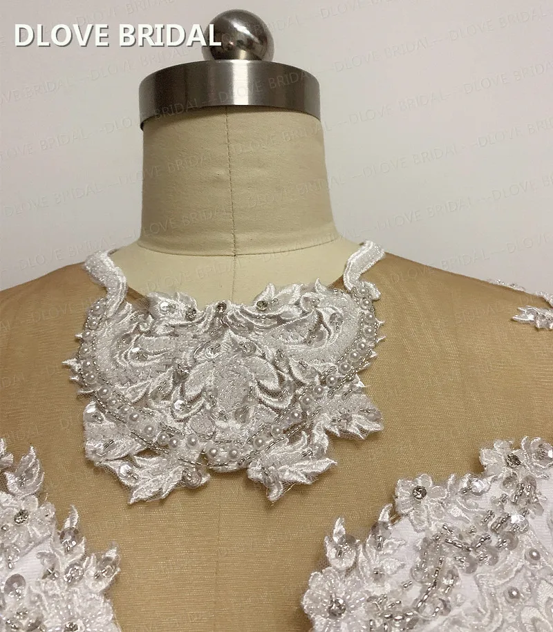 Abito da sposa a maniche lunghe taglie forti abito da sposa in pizzo con perline unico DLOVE abiti da sposa nuovo stile foto reali