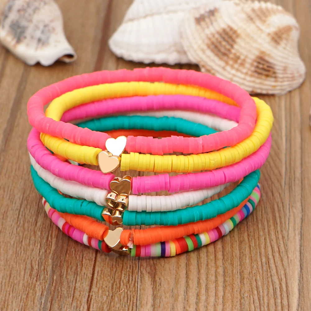 Go2Boho Gold Heart Shaped Women Gifts Handmade Clay Smooth Bracelet Elastic Jewelry Latest Style Solid Color