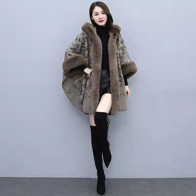 Hot Sale Fashion Cashew Flower Shawl Poncho Cape Autumn Winter Retro Style Soft Cashmere Rabbit Fur Hooded Coat for Women